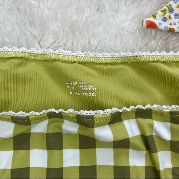 Aerie green gingham strawberry flora print tie triangle bikini set - Picture 7 of 8